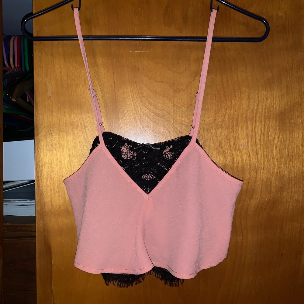 Pink, strappy crop top with lace details